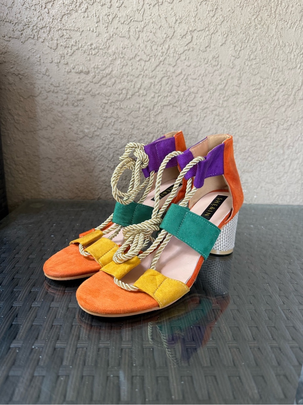 SHEIN Multicolor Suede Block Heel Sandals with Rope Tie